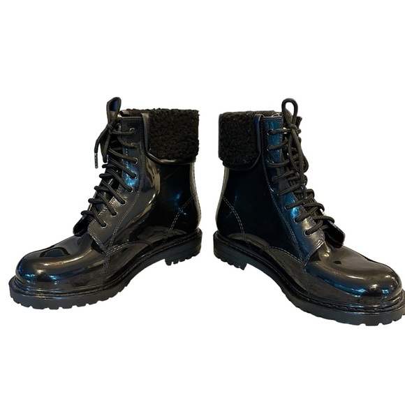 Kenneth Cole Reaction | Black Rain Lace Up Cozy Lug Sole Rain Boots Size 9 - Picture 11 of 14